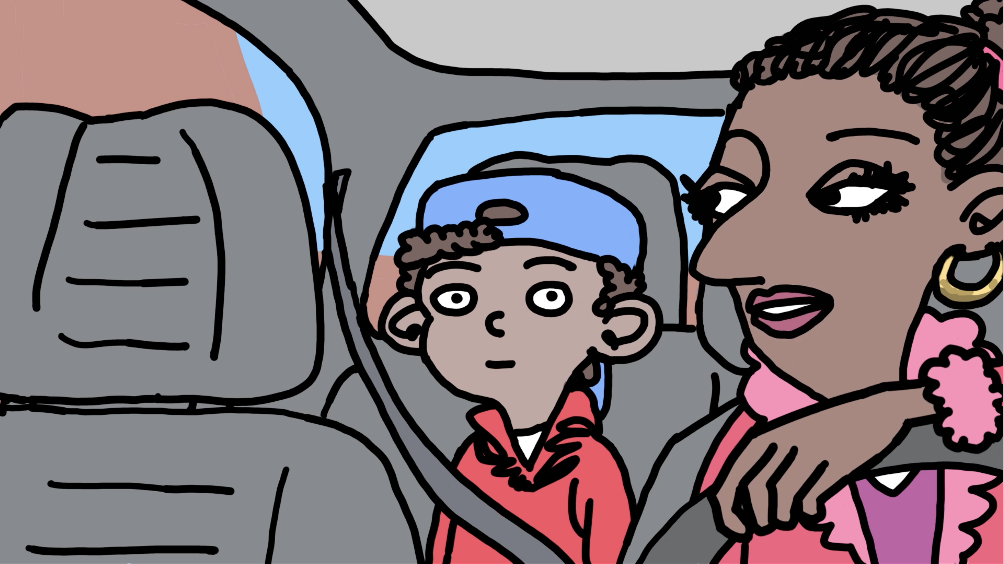 Tecknad bild på en mamma i framsätet på en bil och en pojke i baksätet.