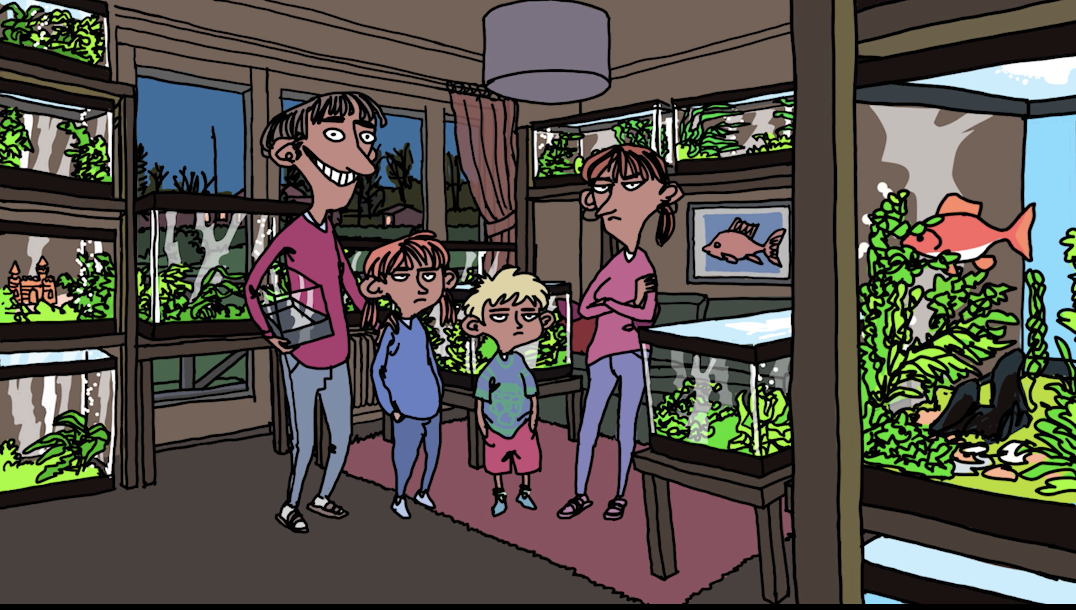 Tecknad bild på familj som står i en akvarium-affär