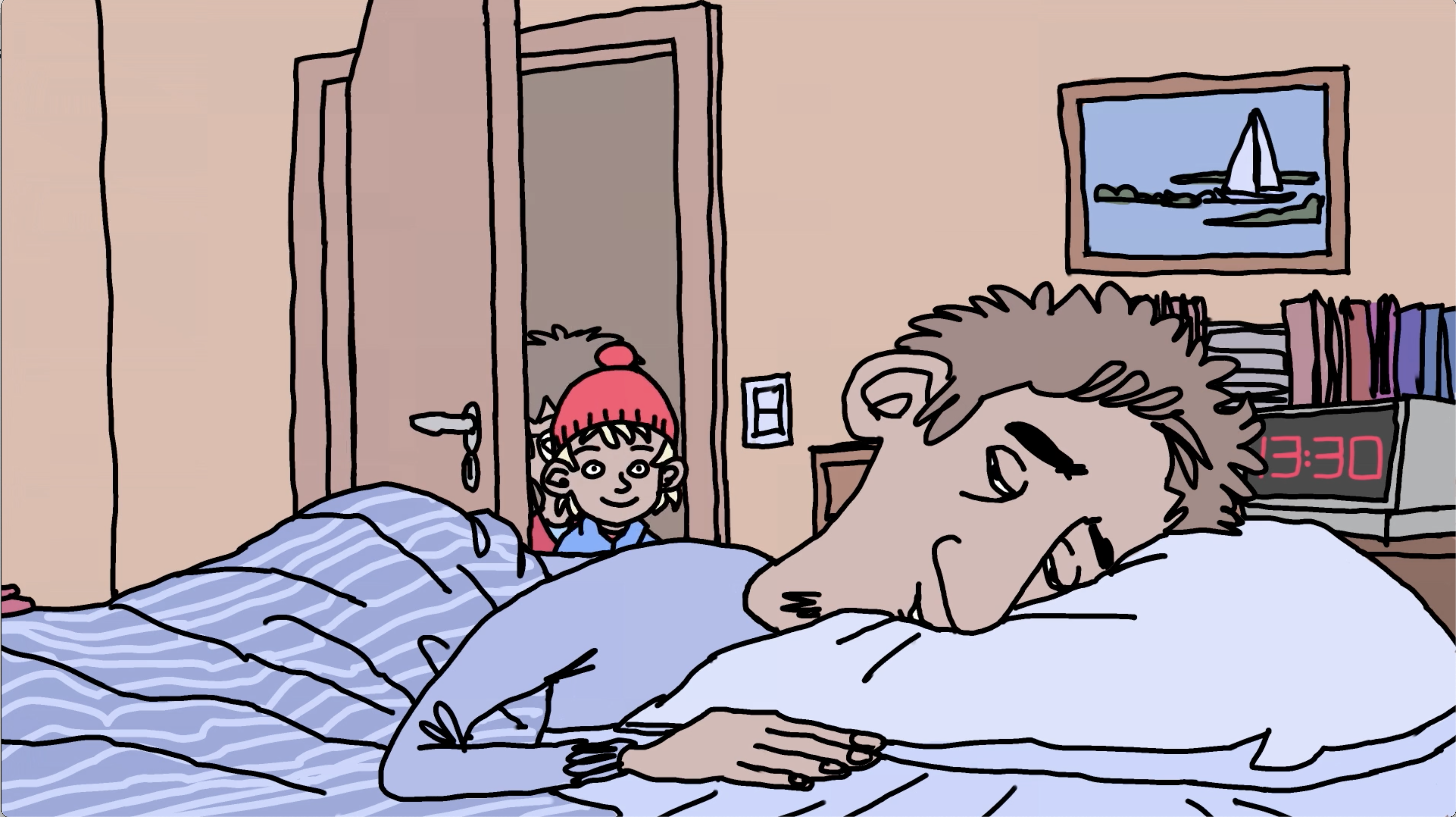 Tecknad bild på en pappa som sover i närbild och en liten pojke som tittar in genom sovrumsdörren.